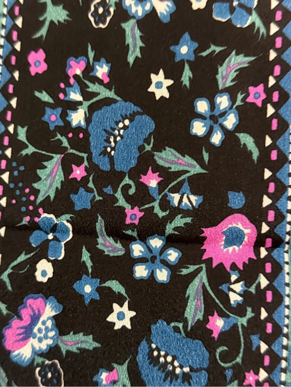 Unbranded Black Scarf with Pink, Blue/Teal Geometric Print. 52” long X 10” wide.
